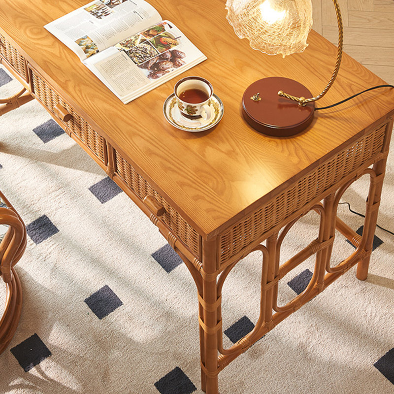 Bureau d'écriture durable à 3 tiroirs en rotin et bois de frêne, H 29,52 po x l 62,99 po x P 25,59 po