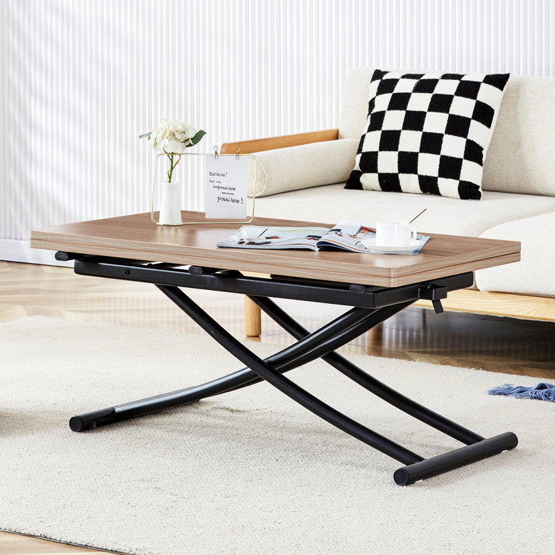 Bureau de levage moderne minimaliste avec surface autocollante grain de bois et cadre en métal noir