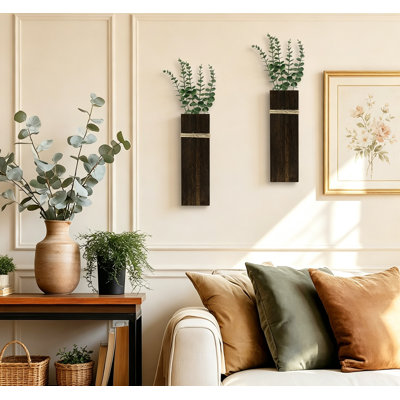 Ensemble de 2 vases muraux en bois, jardinières de style champêtre pour fleurs séchées/artificielles, décoration pour salon et cuisine