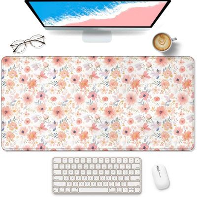 Coral Pink Floral Large Mouse Pad Desk Mat, Watercolor Flower Aesthetic Extended Gaming Mousepad, Non-Slip Desk Pad for Home Office Work, 11.8 x 27.56 in