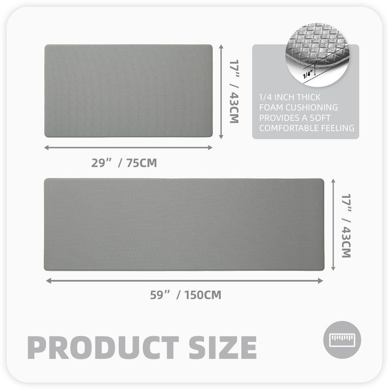 Castelford Plaid Memory Foam Kitchen Mats Ant-Fatigue Non-Skid Kitchen Rugs (Set of 2), Light Gray