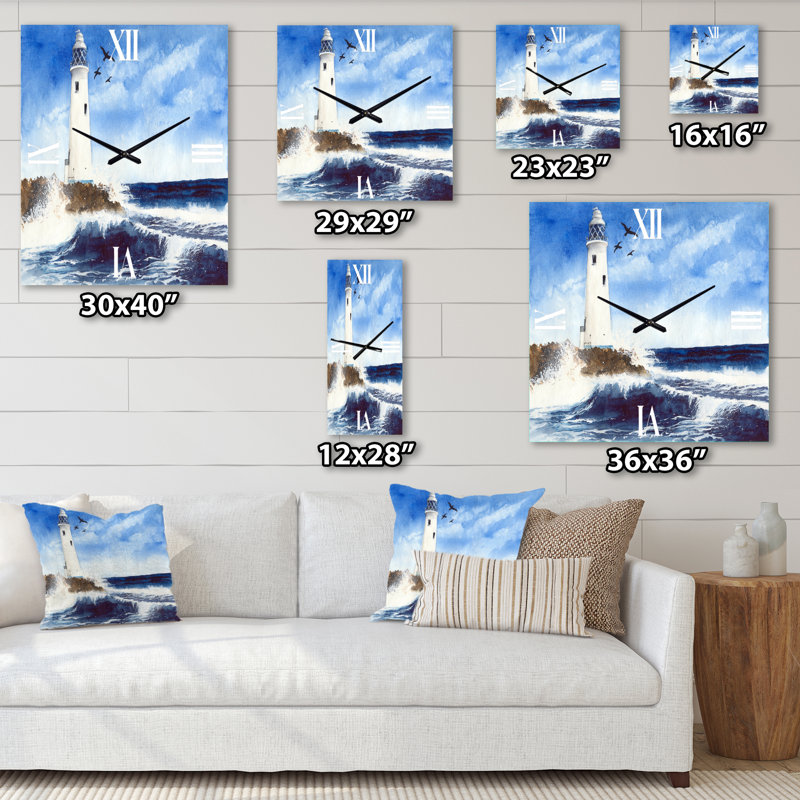 Phare sur une île rocheuse avec des mouettes - horloge murale nautique et côtière, Petit