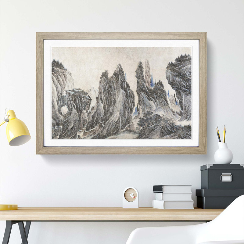 Mountain Landscape by Li Zai - Picture Frame Painting Print, 27cm H x 36cm W x 2cm D, Oak Framed