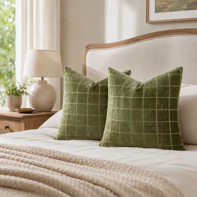 2 Piece 16 x 16 Inch Olive Green Plaid Chenille Throw Pillow Cover Set