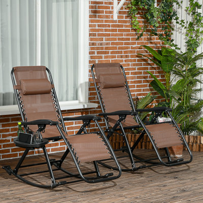 Set Of 2 Outdoor Rocking Chairs, Foldable Reclining Zero Gravity Lounge Rocker With Pillow, Cup & Phone Holder, Combo Design With Folding Legs