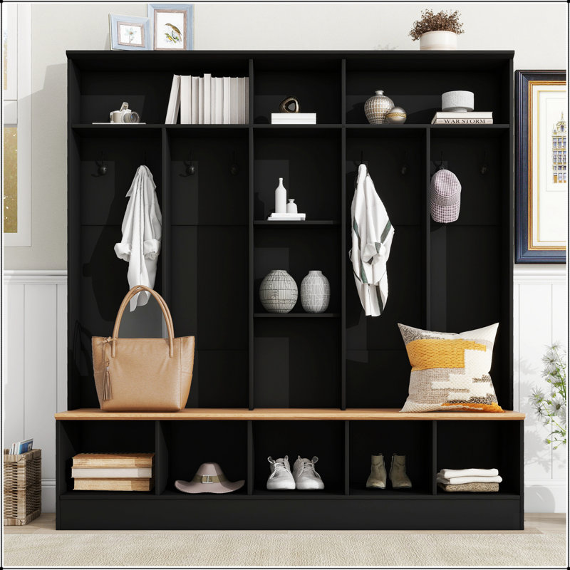 Wide Design Hall Tree with Storage Bench, Minimalist Shoe Cabinet with Cube Storage & Shelves, Multifunctional Coat Rack with 8 Hooks