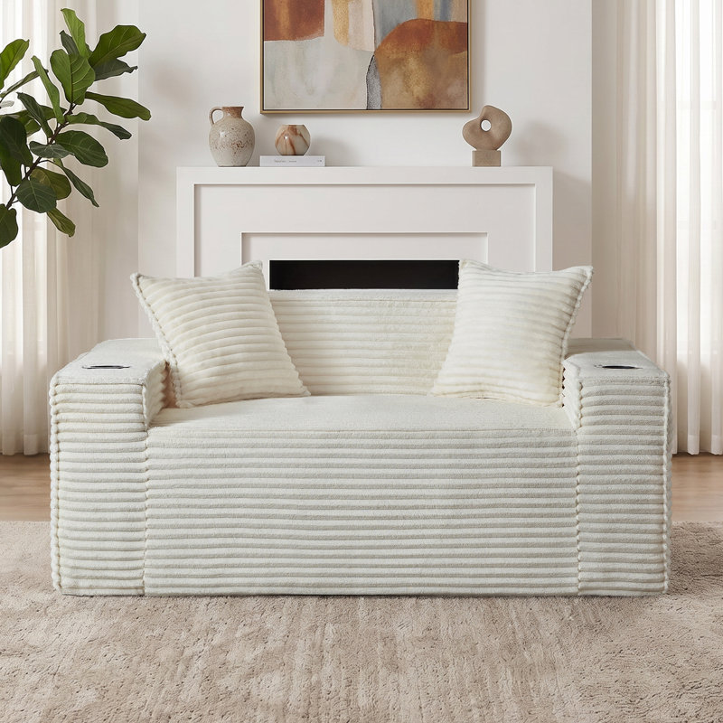 Boneless 61'' W Oversized Foam Sofa Loveseat with Pillows, Compression Corduroy 2-Seater Sofa Upholstered Couch with 2 Cup Holders for Living Room, Bedroom, Apartment, Office