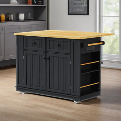 Large Kitchen Island With Drop Leaf,power Outlet,internal Storage Rack,rolling Kitchen Storage Cart On 5 Wheels With 5 Open Side Racks For Kitchen,dining Room (not Include Stools)