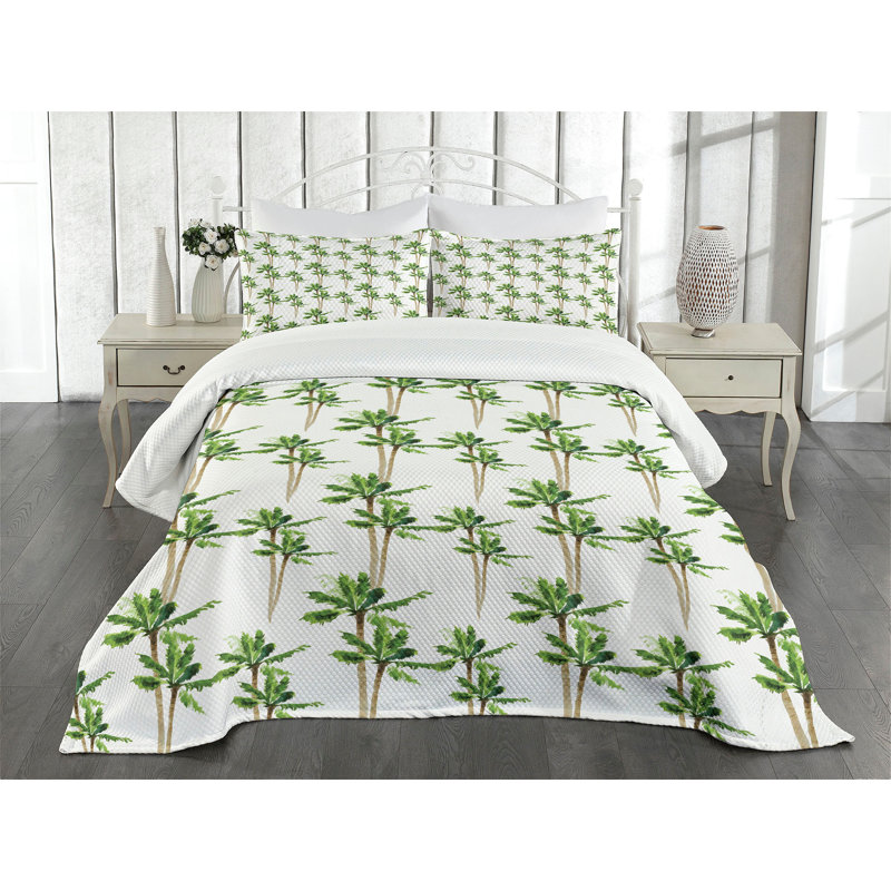 King White Quilted Bedspread Set with Palm Tree Design