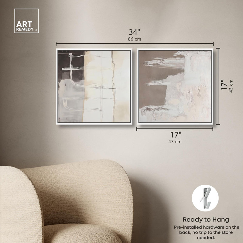 Ensemble de décorations murales neutres sur toile de couleurs neutres et harmonieuses par Art Remedy, H 17 po x l 17 po