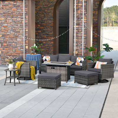 Lovall Wood Premium All-Weather Wicker 5 - Person Patio Conversation Set with Cushions