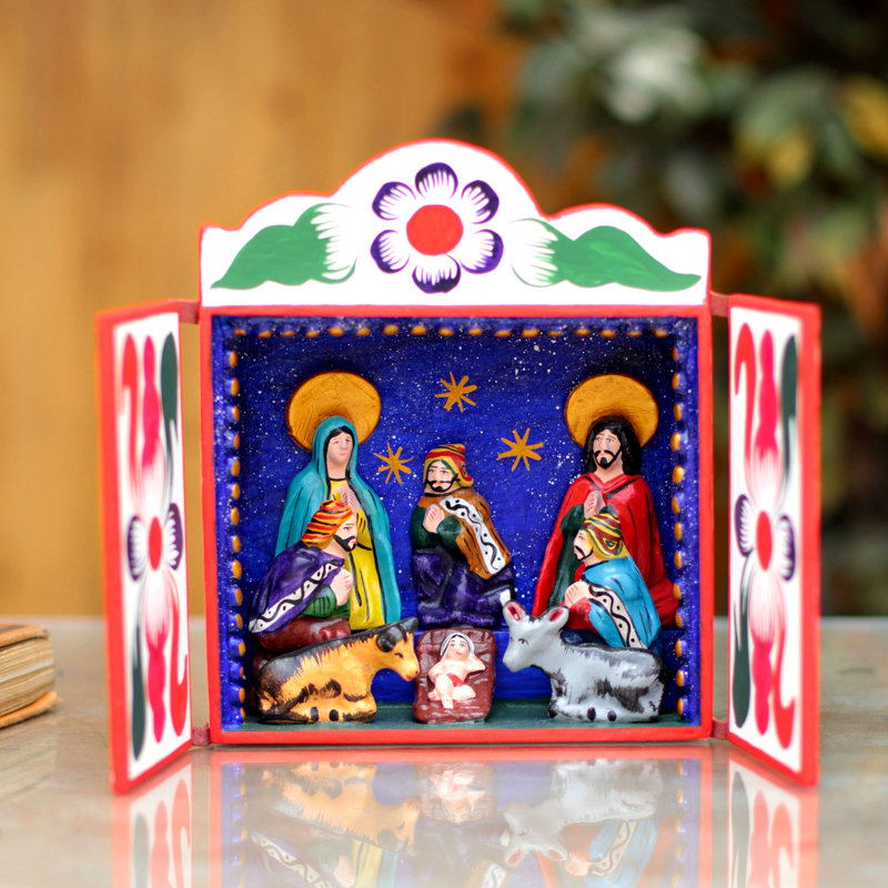 Art folk retablo en bois crèche scene christianity