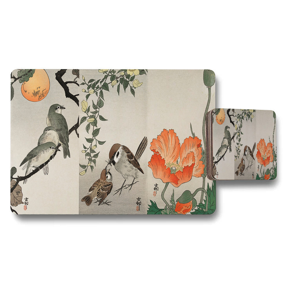 Birds And Flowers Placemats And Coasters Set With Elegant Botanical Design