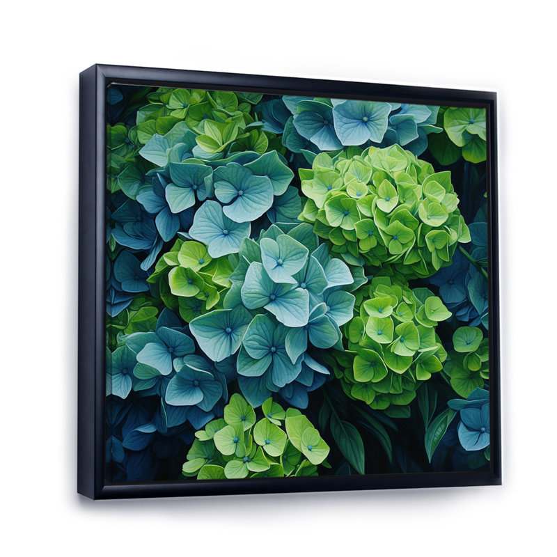 Vert, bleu, hortensia, fleurs d'émeraude - art mural encadré hortensia, Cadre flottant noir, H 30 po x l 30 po x P 1 po