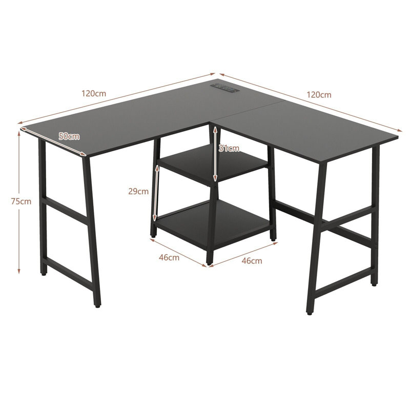 Amardev L-Shaped Metal Base Computer Desk, Black
