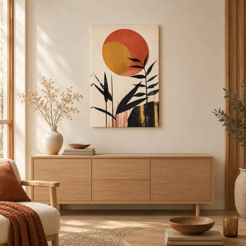 Minimalist Boho Sun with Bamboo Foliage Canvas Wall Art, 91.44cm H x 60.96cm W