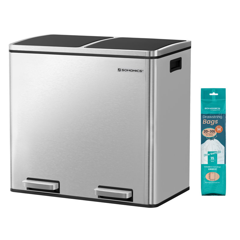 Recycling Bin, Double Trash Can, 2 X 24L, With 2 Compartments, Soft-Close Lids, Pedals, Plastic Inner Buckets And Carry Handles