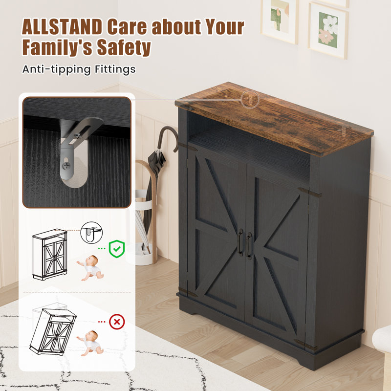32'' Farmhouse Shoe Storage Cabinet with Barn Doors, Wood Entryway Organizer with 2-Tier Open Shelf and Adjustable Shelves