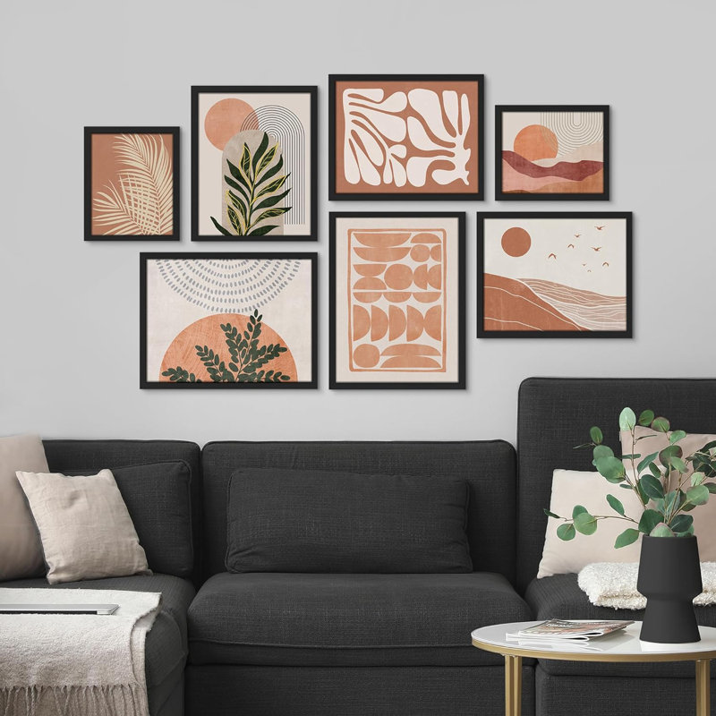 " Mid-Century Palm Leaf Geometric Landscape Abstract " 7 - Pieces, Black Framed