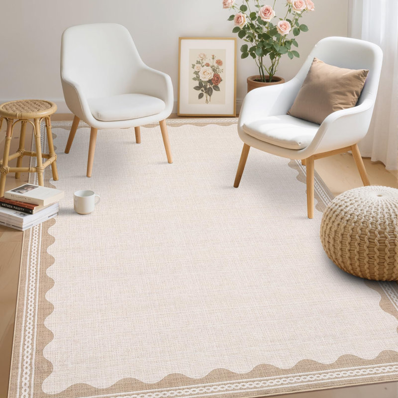Tapis festonné et lavable pour tapis de chambre à coucher moderne, Crème, Rectangulaire 3 pi x 5 pi