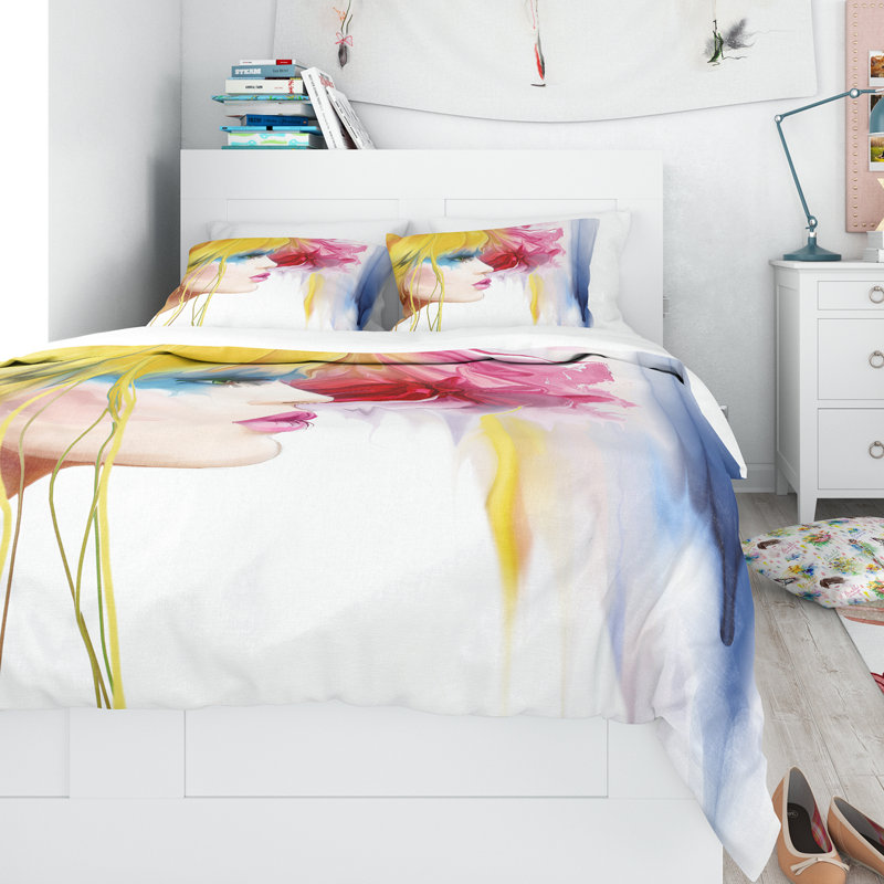 Ensemble de housse de couette designart fille avec poils colorés, Housse simple + 1 taie décorative