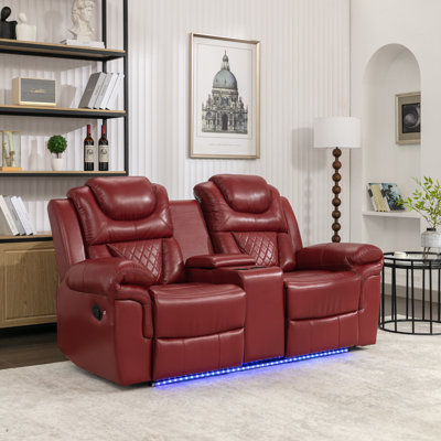 Causeuse de cinéma maison inclinable manuelle avec rangement escamotable, porte-gobelets et bande lumineuse à DEL pour le salon