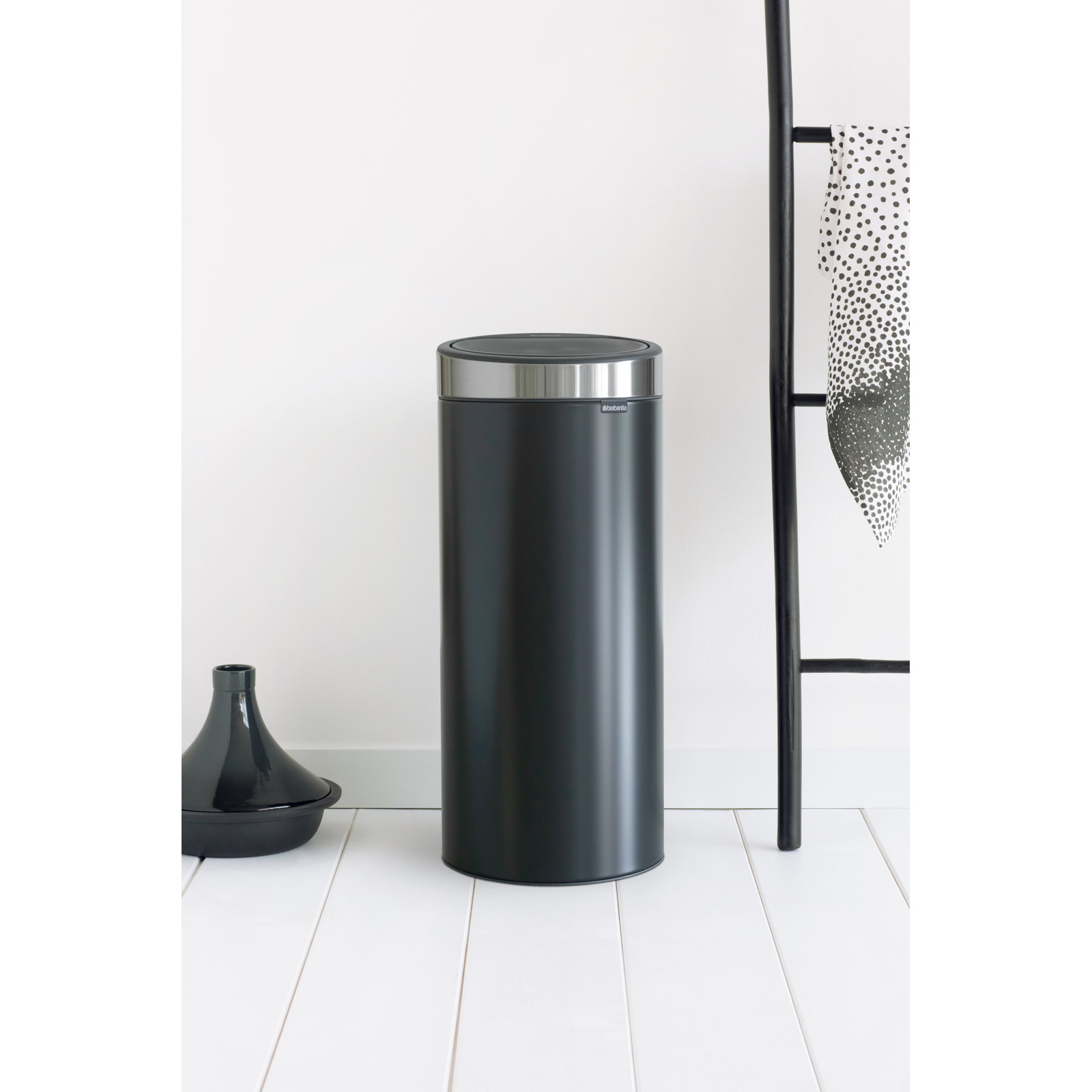 Brabantia 8 Gallon Touch Top Trash Can, Matte Black/Silver