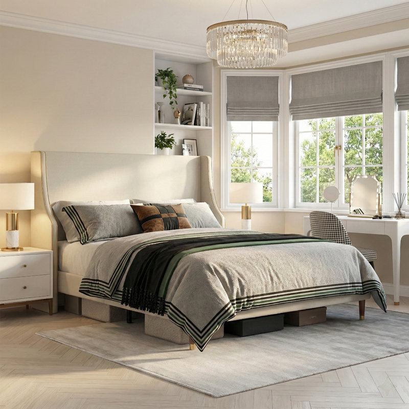Melaya Elegant Wingback Upholstered Platform Bed Frame – Luxurious Design with Gold Piping, Sturdy Support, and Easy Assembly