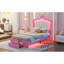 Lit plateforme tapissier simple avec DEL, tête de lit couronne, rose + blanc, stable et calme