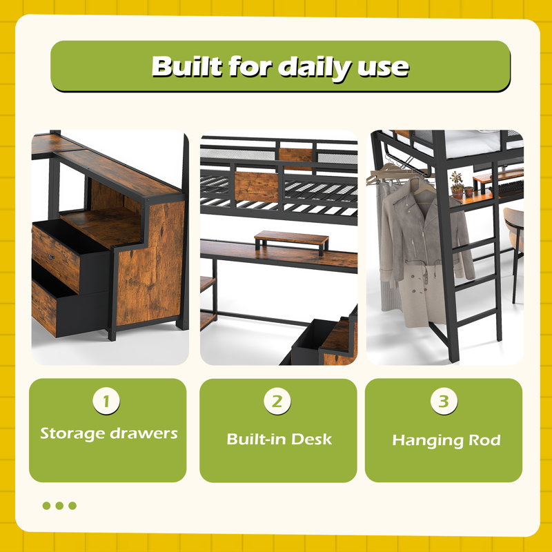 Twin XL Loft Bed With Desk And Storage Non-Woven Fabric Drawers