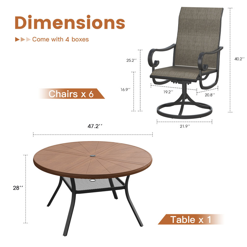 Ensemble de salle à manger en aluminium pour patio avec table de salle à manger ronde en aluminium de 53 po et 6 chaises pivotantes en textilène