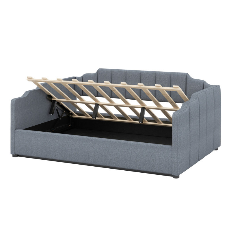 Lit de jour rembourré avec rangement inférieur, Gris, Lit double