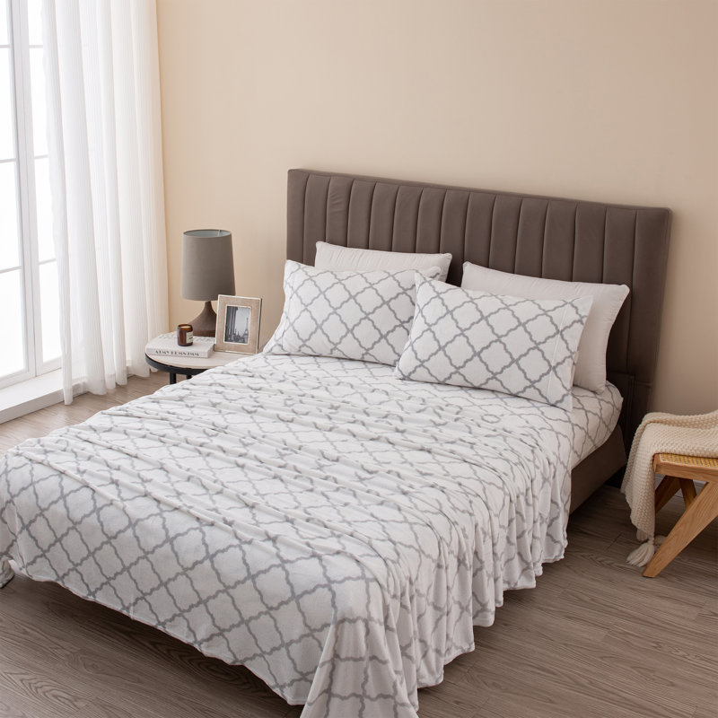 Ensembles de draps en velours ultra doux, Roi, Treillis blanc / gris