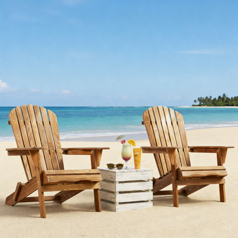 Light Brown Outdoor Wooden Folding Adirondack Chair Set (2 Pieces), Semi-Assembled Design, Suitable For Gardens, Lawns, Terraces, Pools, Campfire Pits, And Other Occasions.