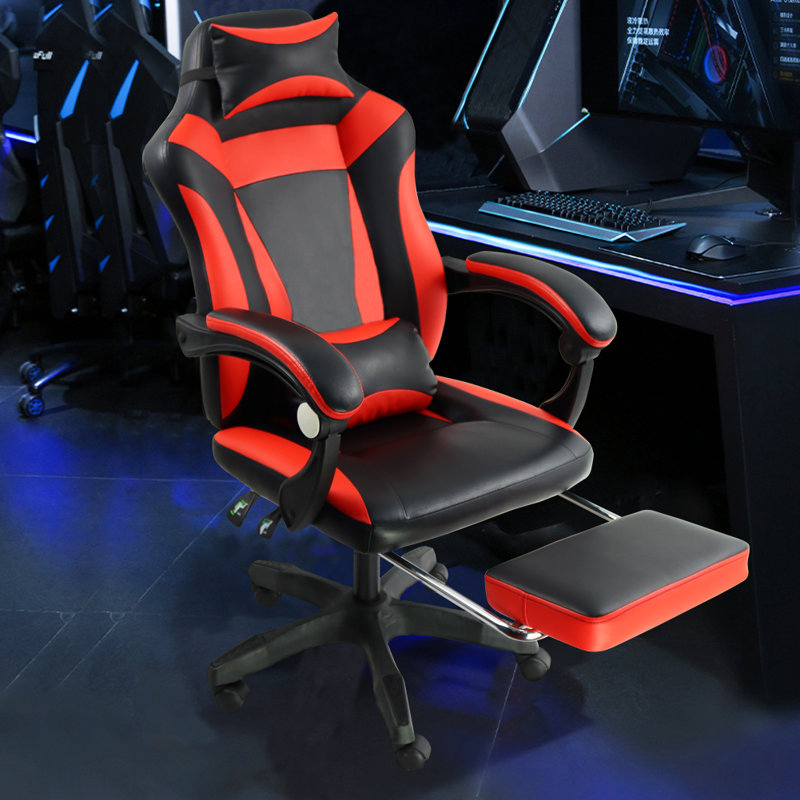 Inbox Zero Adjustable Reclining Ergonomic Faux Leather Swiveling PC & Racing Game Chair with Footrest, Red