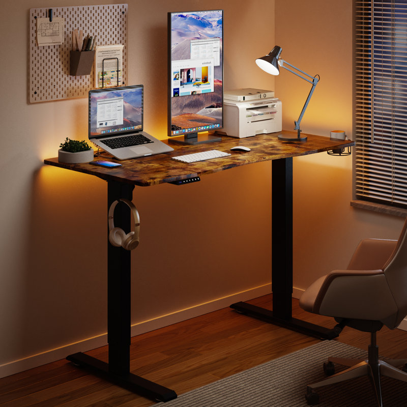 Naitik 48''W Height Adjustable Metal Base with Desk, Brown/Black