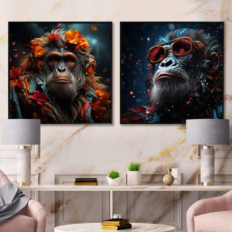 Portrait d'orang-outan à la mode - animaux, ensemble de 2 collages carrés orang-outan, Cadre flottant noir, H 36 po x l 73 po