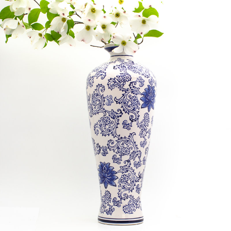 Tall Blue and White Ceramic Table Vase