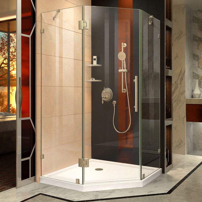Prism Lux 42" x 74.75" Neo-Angle Hinged Shower Enclosure with Base Included, Brushed Nickel, White Base, 42'' W x 42'' D