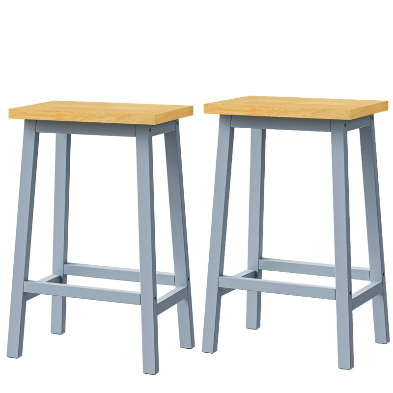 Structure de 2 chaises d'îlot de cuisine en bois massif de 25,6 po de hauteur bleu gris avec repose-pieds et tabourets de soutien stable