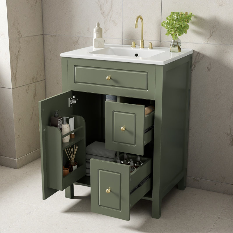 Meuble-lavabo de 24 pouces avec lavabo en céramique, 1 porte à fermeture en douceur, 2 tiroirs à fermeture en douceur et 2 supports de rangement sur la porte