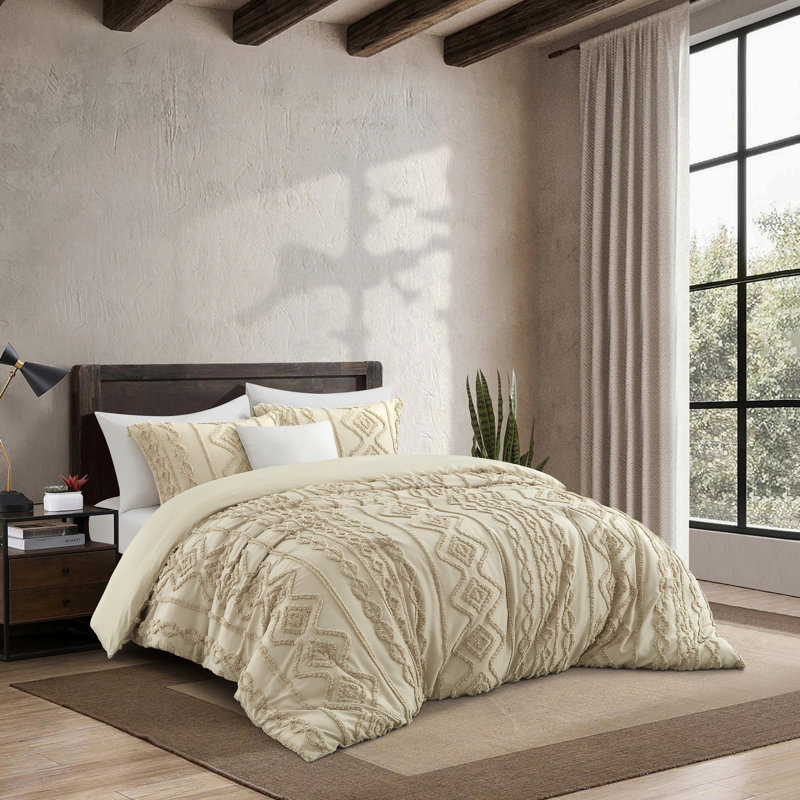 Algoma 3 Piece Modern Geometric Comforter Set, Beige, KingComforter + 2 King Shams