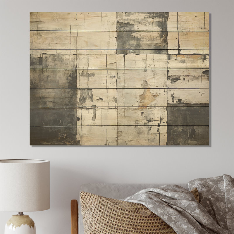 Carreau abstrait gris et gris II - mosaïque bohème sur bois, H 30 po x l 40 po x P 0,78 po