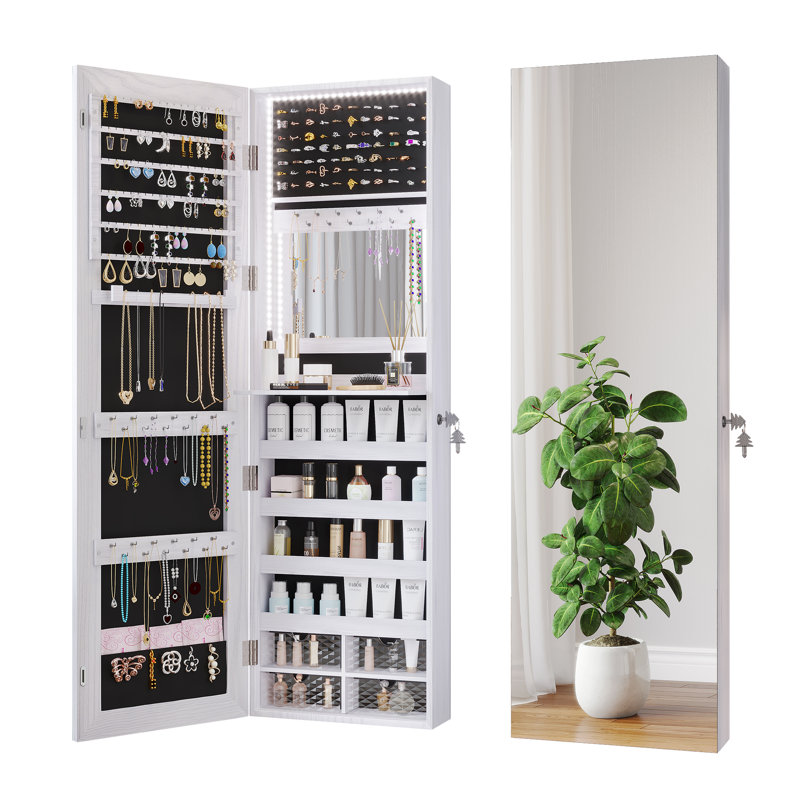 Jewelry Cabinets with Interior Vanity Mirror, Door Hanging/Wall Mounted Jewelry Armoire, White