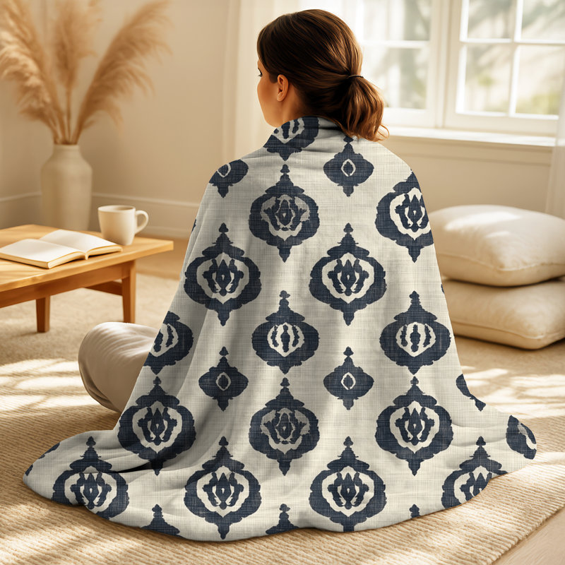 Ikat I noir et beige - couverture confortable de style campagnard, jeté rustique doux