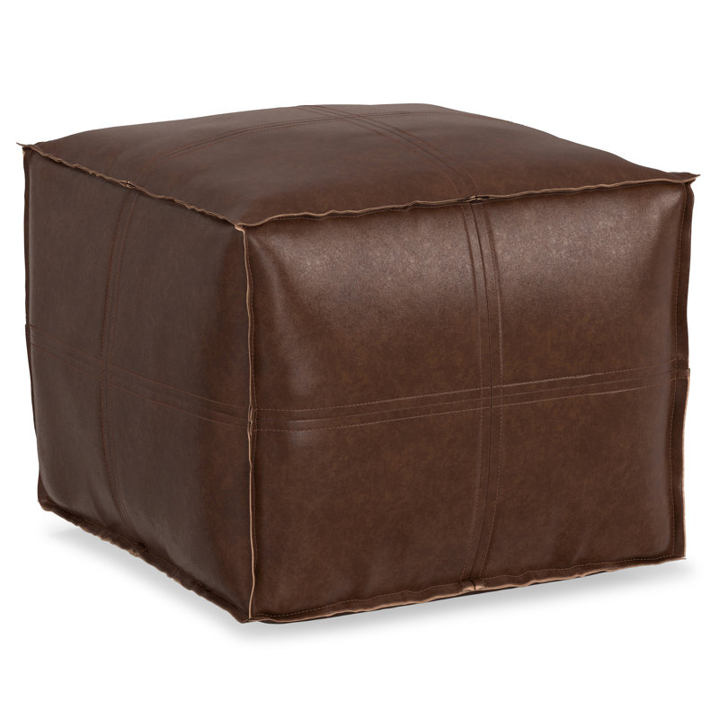 Brody 18" Wide Faux Leather Square Pouf Ottoman, Distressed Dark Brown