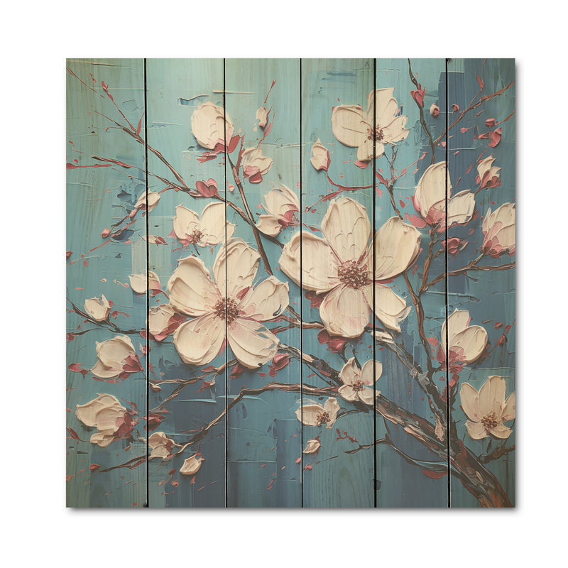 «Blooms Expressionist Vitality», art mural en bois de cornouiller sur bois de pin naturel, H 15 po x l 15 po