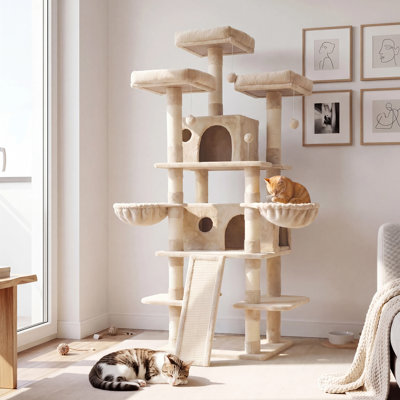 Arbre à chat 68 po à plusieurs niveaux avec condos, poteaux à griffer et paniers suspendus, conception anti-basculement