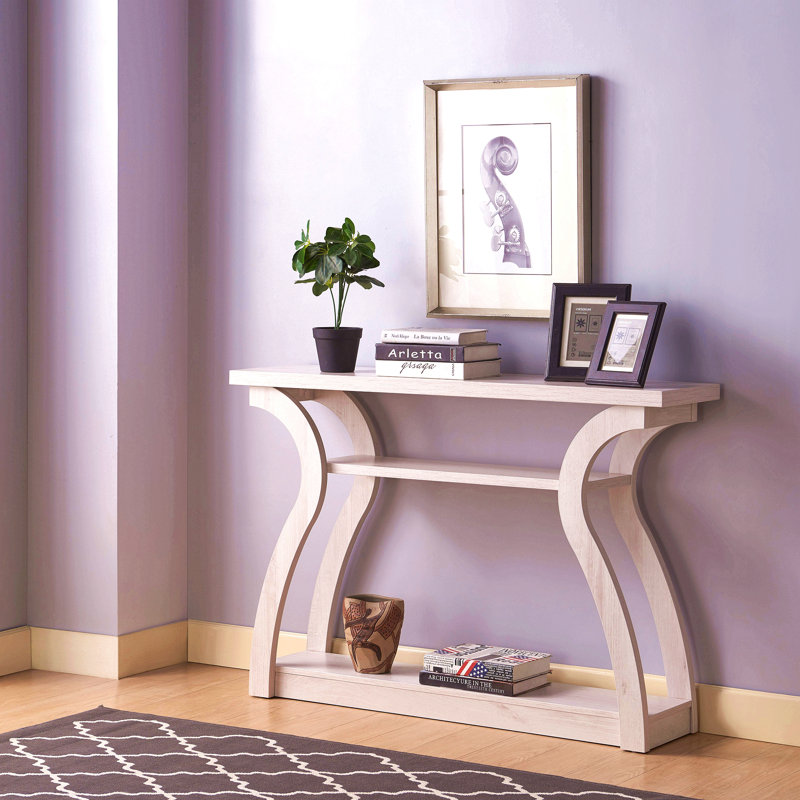 Entryway Sofa Hall Console Curvy Leg Design Two Shelves Thick Top Panel White Oak Color, White Oak