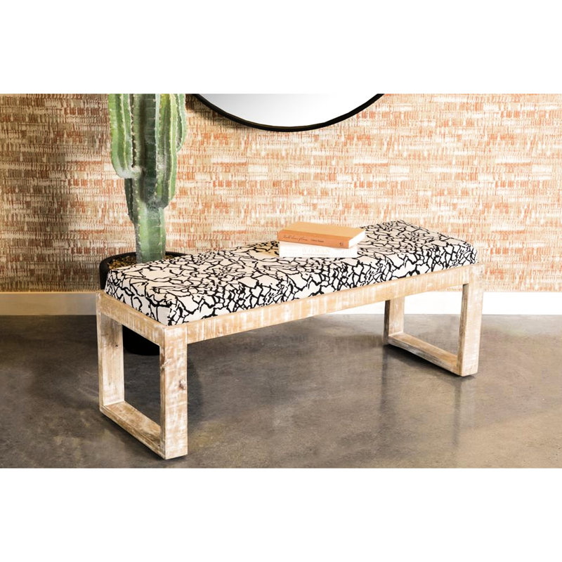 Banc d'appoint à finition vieillie avec revêtement en tissu noir et blanc d'aspect lin pour la décoration du vestibule